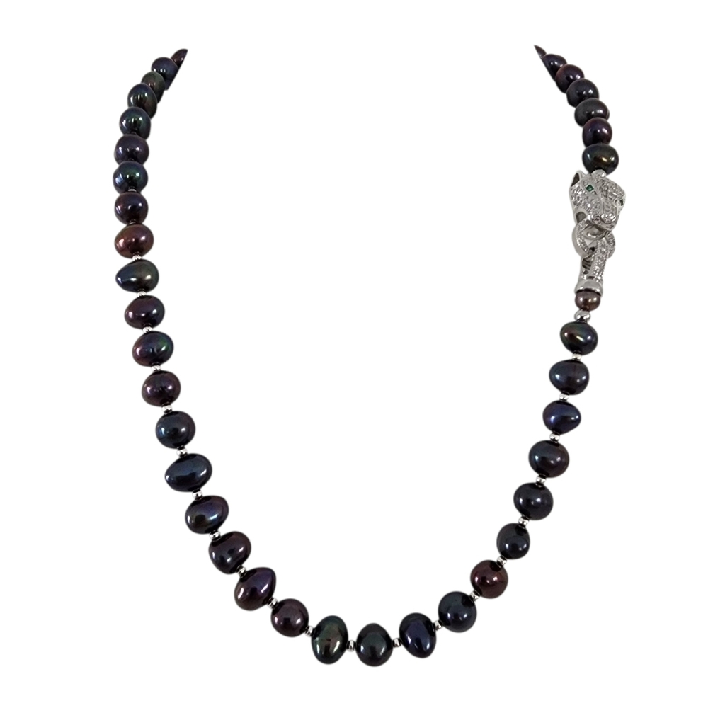Pearl necklace silver panther clasp CZs peacock pearls high luster A0065 -Q5